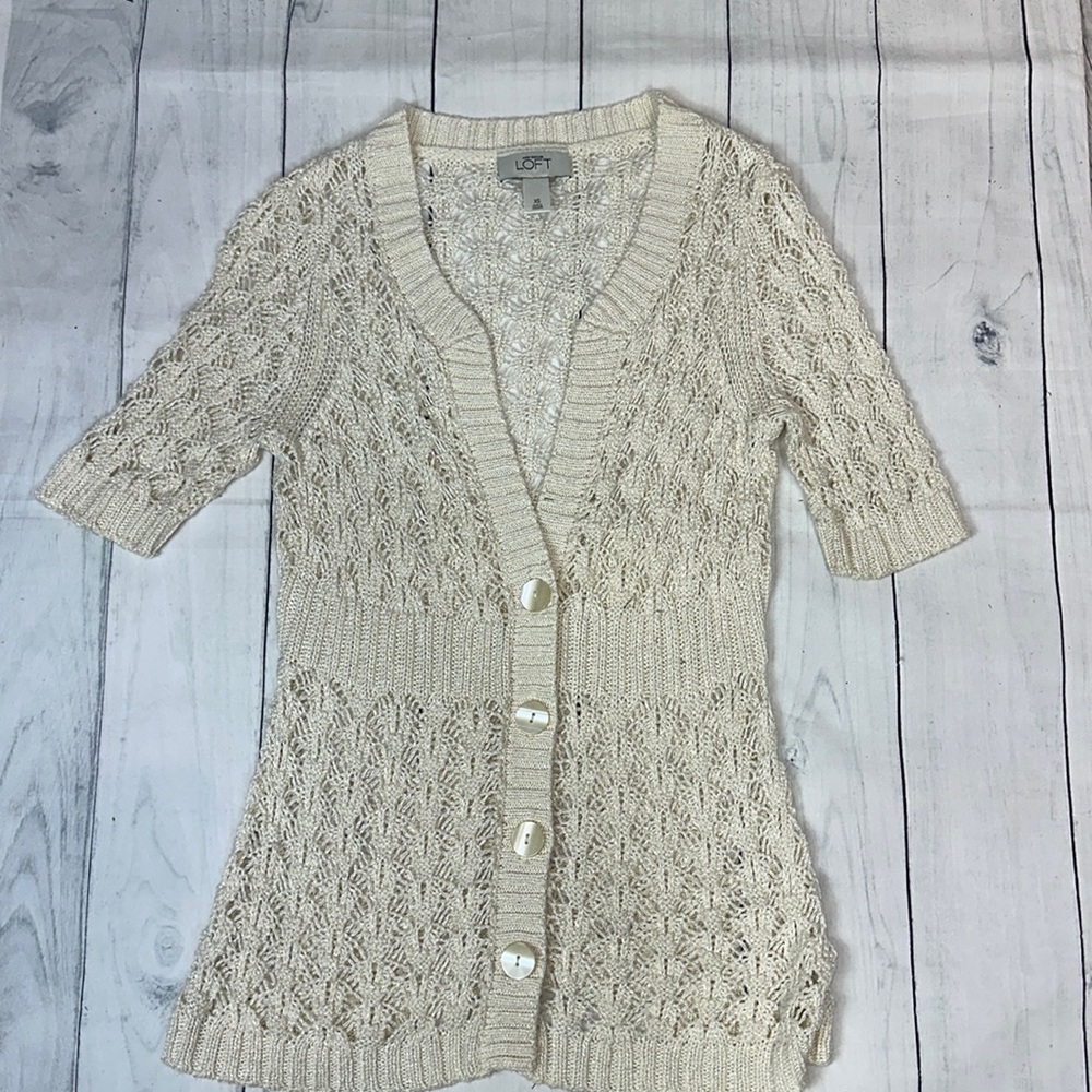 LOFT Cream Open-Knit Button Cardigan